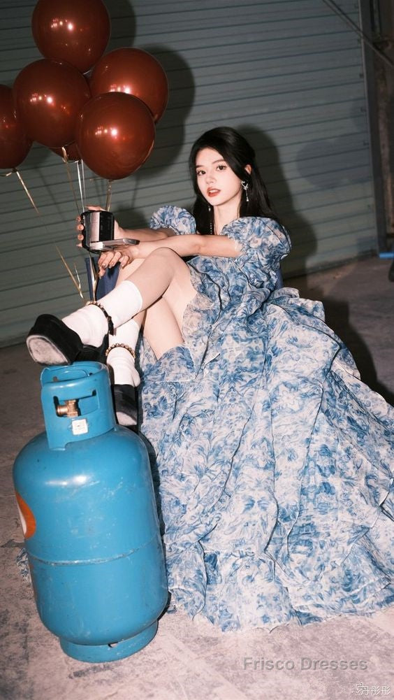 Elegant High Low Blue Floral Prom Dresses Long Formal Dress