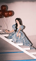 Elegant High Low Blue Floral Prom Dresses Long Formal Dress