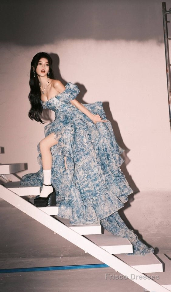 Elegant High Low Blue Floral Prom Dresses Long Formal Dress Main image
