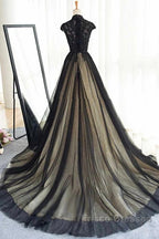 Elegant High Neck Formal Prom Dress Black Formal Dress A Line Floor Length Evening Dress