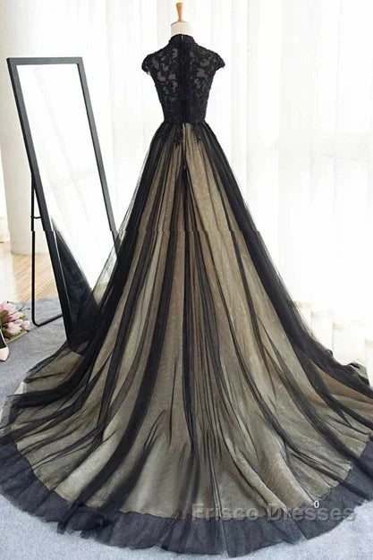 Elegant High Neck Formal Prom Dress Black Formal Dress A Line Floor Length Evening Dress