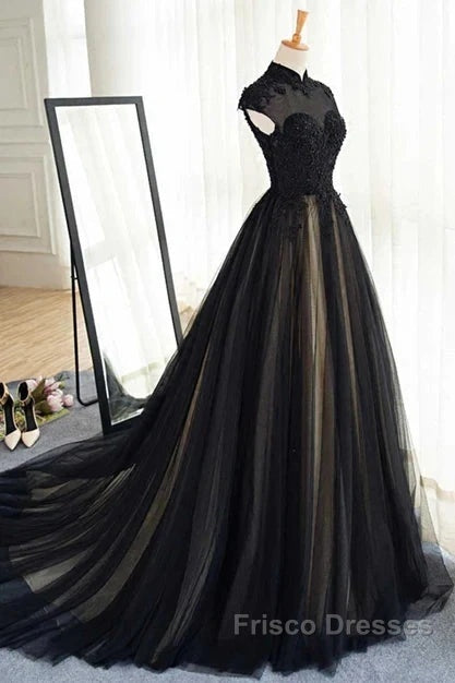 Elegant High Neck Formal Prom Dress Black Formal Dress A Line Floor Length Evening Dress