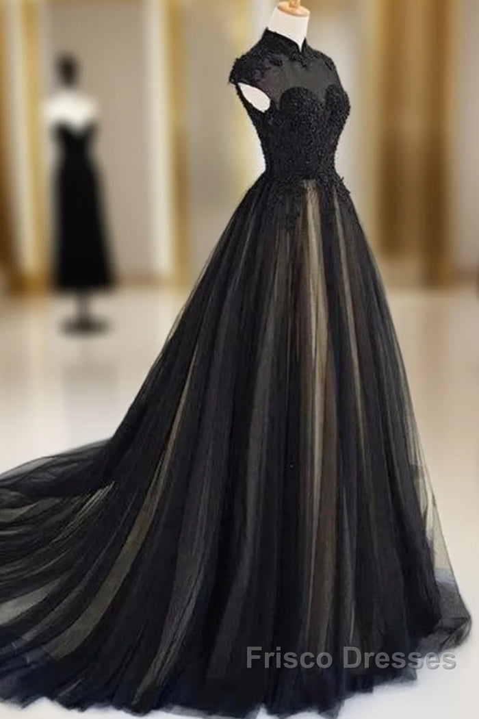Elegant High Neck Formal Prom Dress Black Formal Dress A Line Floor Length Evening Dress Main image