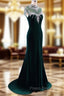 Elegant High Neck Formal Prom Dress Green Mermaid Evening Dress