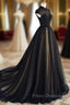 Elegant High Neck Swee Train Rhinestone Formal Prom Dress, Black Formal Dress