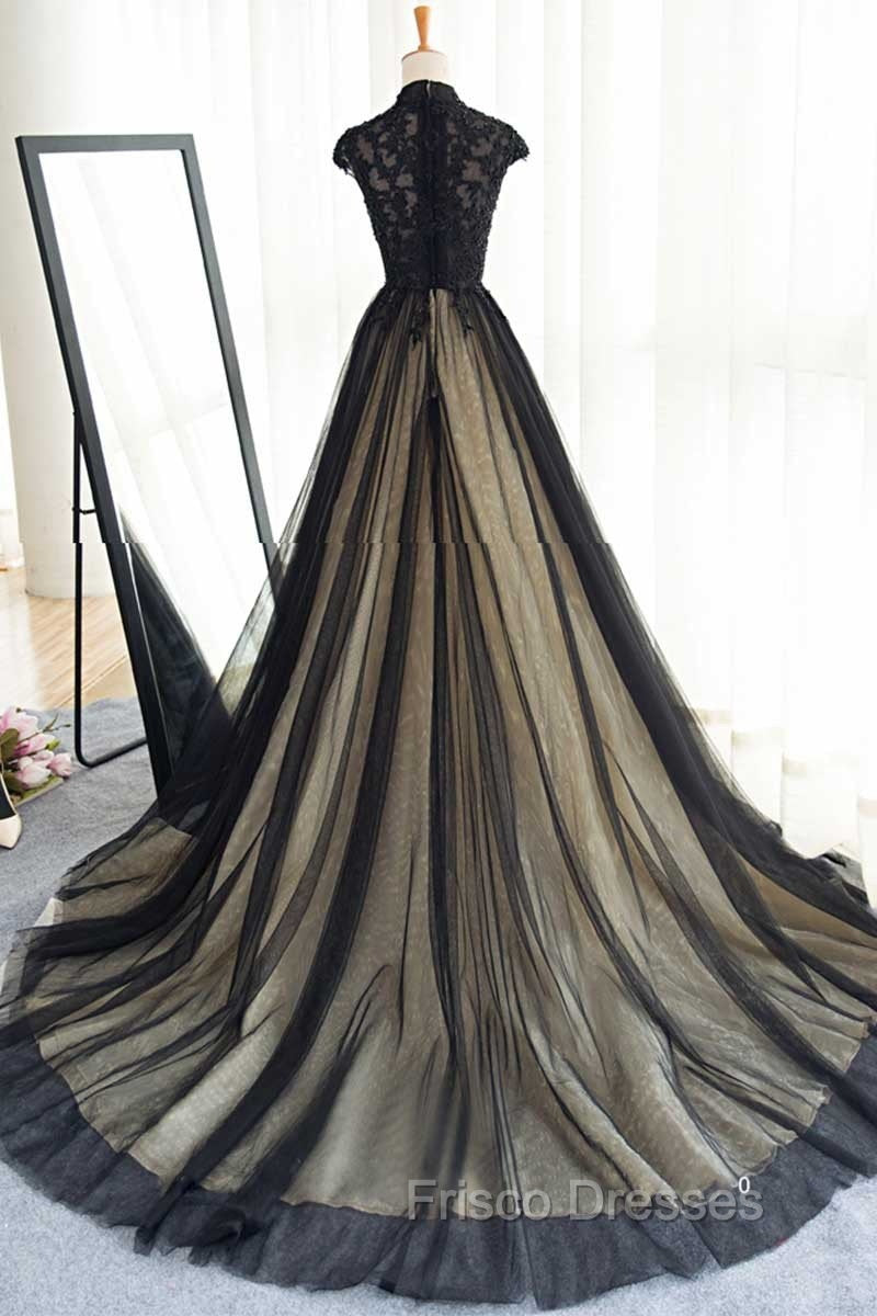 Elegant High Neck Swee Train Rhinestone Formal Prom Dress, Black Formal Dress