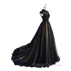 Elegant High Neck Swee Train Rhinestone Formal Prom Dress, Black Formal Dress