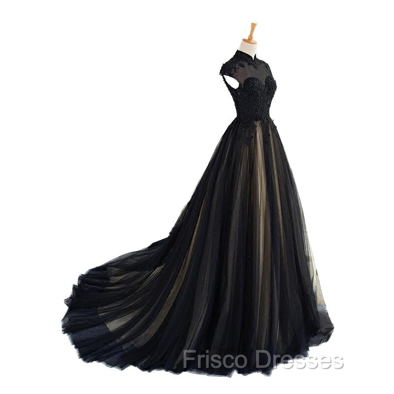 Elegant High Neck Swee Train Rhinestone Formal Prom Dress, Black Formal Dress