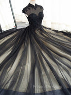 Elegant High Neck Swee Train Rhinestone Formal Prom Dress, Black Formal Dress
