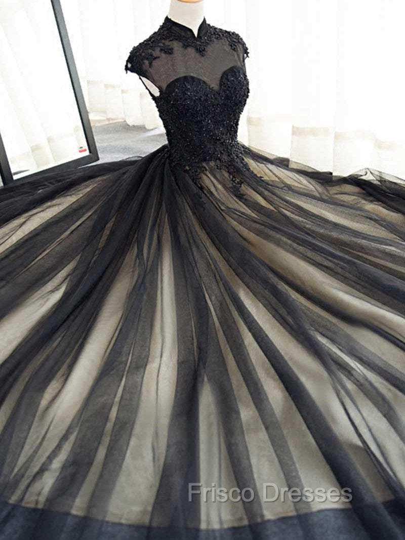 Elegant High Neck Swee Train Rhinestone Formal Prom Dress, Black Formal Dress