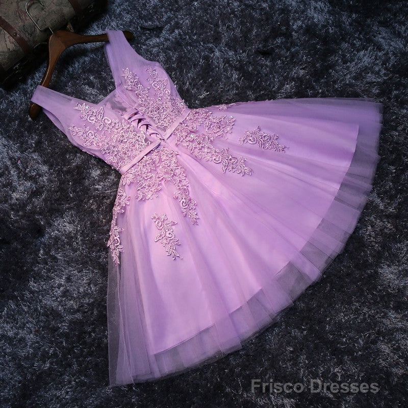 Elegant Homecoming Dress  Lavender Lace Appliques Tulle Plunge V Sleeveless Knee Length A-Line Wedding Guest Dress Secondary image