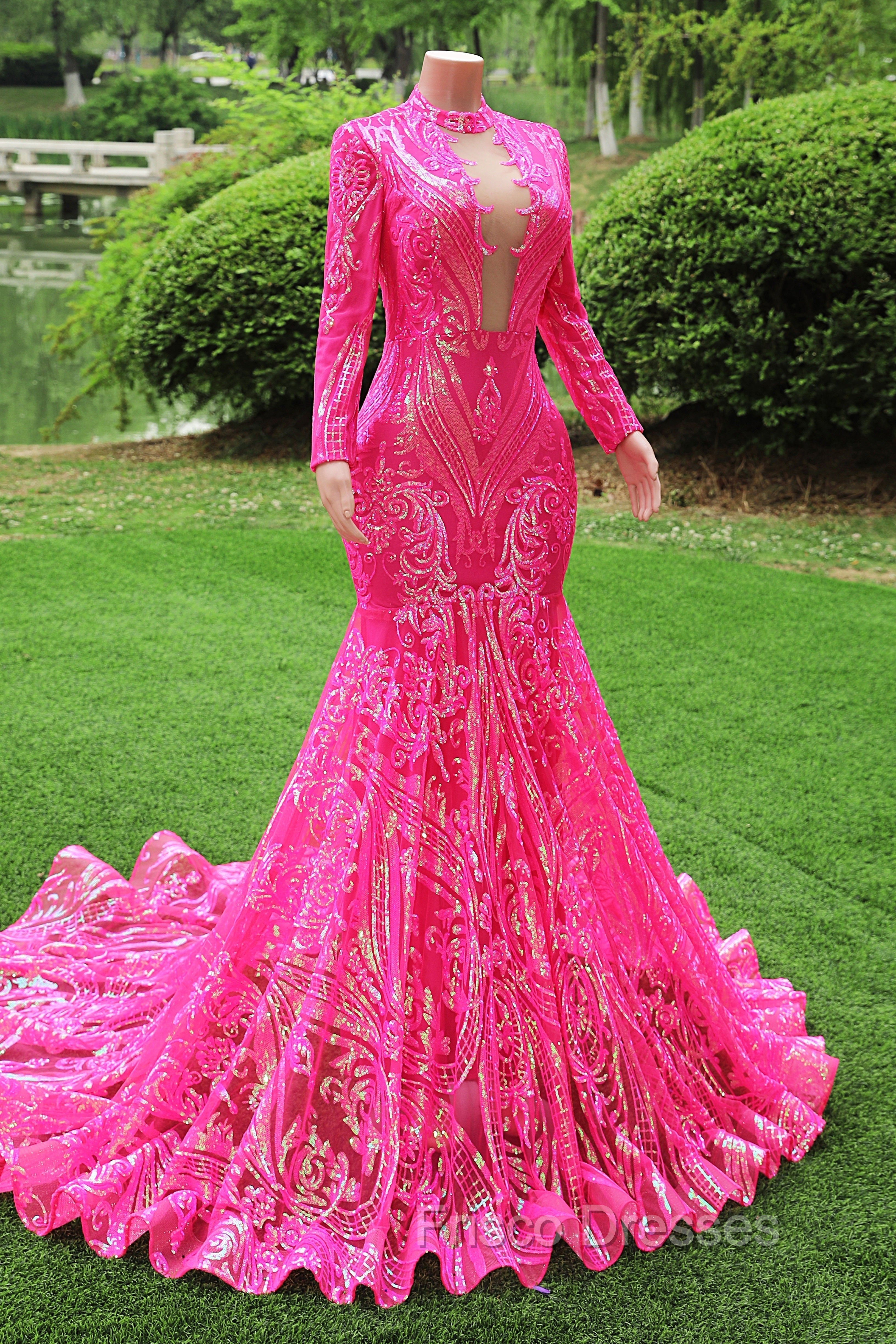 Elegant Hot Pink Mermaid Formal Prom Dress Sequin Evening Party Dress Pageant Dress for Women