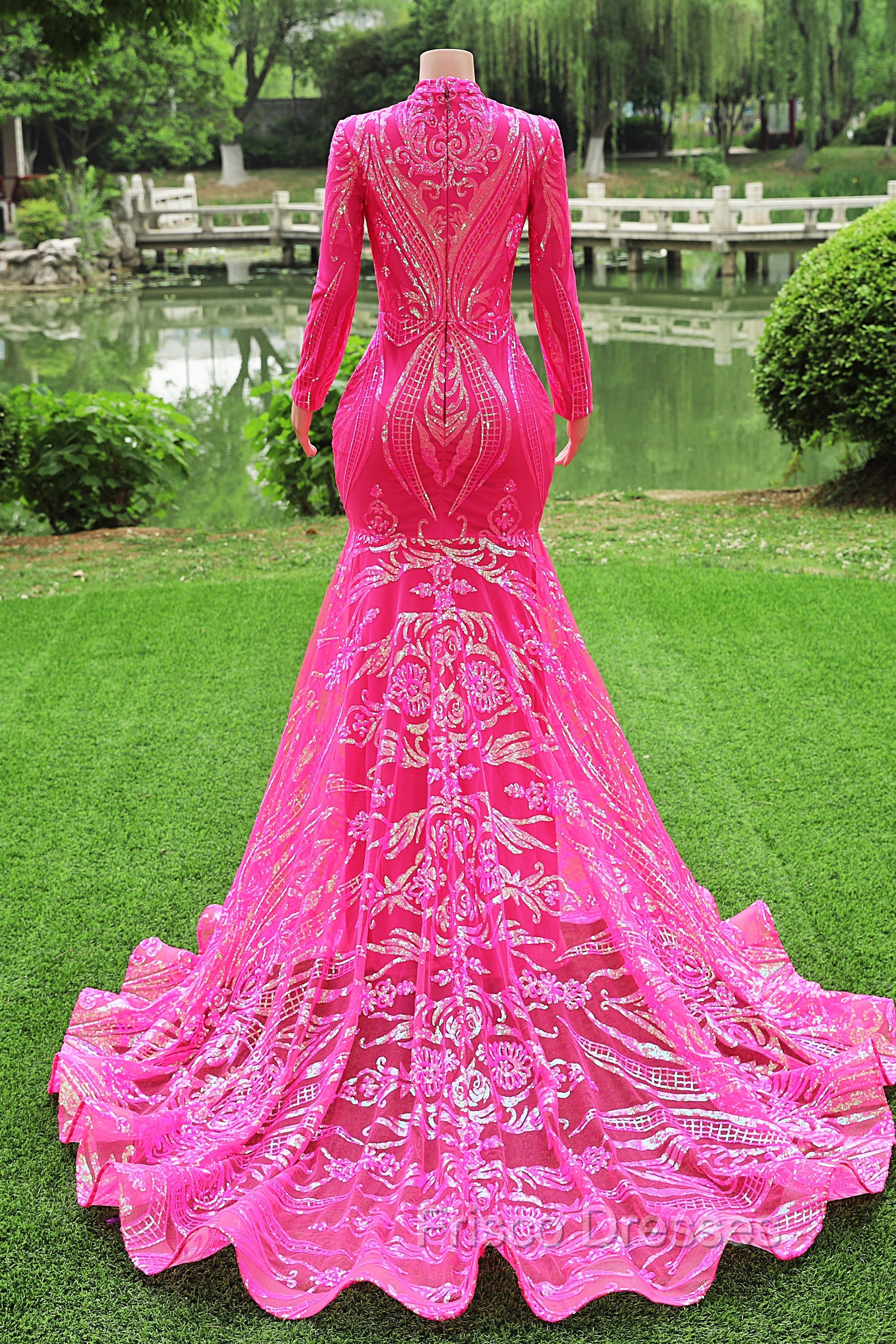 Elegant Hot Pink Mermaid Formal Prom Dress Sequin Evening Party Dress Pageant Dress for Women