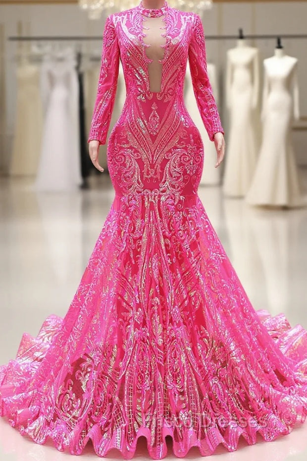 Elegant Hot Pink Mermaid Formal Prom Dress Sequin Evening Party Dress Pageant Dress for Women Main image