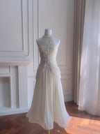 Elegant Ivory A-Line Halter Nack Pearl Pleated Chiffon Prom Dress Evening Dress