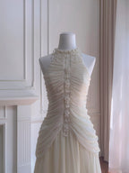 Elegant Ivory A-Line Halter Nack Pearl Pleated Chiffon Prom Dress Evening Dress