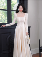 Elegant Ivory A-Line Square Neck Long-Sleeve Satin Long Prom Dress Evening Dress