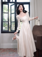 Elegant Ivory A-Line Square Neck Long-Sleeve Satin Long Prom Dress Evening Dress