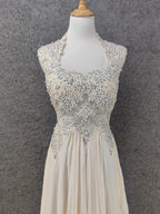 Elegant Ivory Cap-Sleeve Pearl Lace Chiffon Long Prom Dress Evening Dress