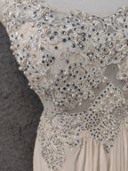 Elegant Ivory Cap-Sleeve Pearl Lace Chiffon Long Prom Dress Evening Dress