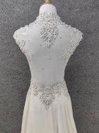 Elegant Ivory Cap-Sleeve Pearl Lace Chiffon Long Prom Dress Evening Dress