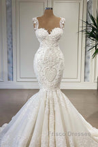 Elegant Ivory Long Mermaid Sweetheart Ruffles Lace Wedding Dress