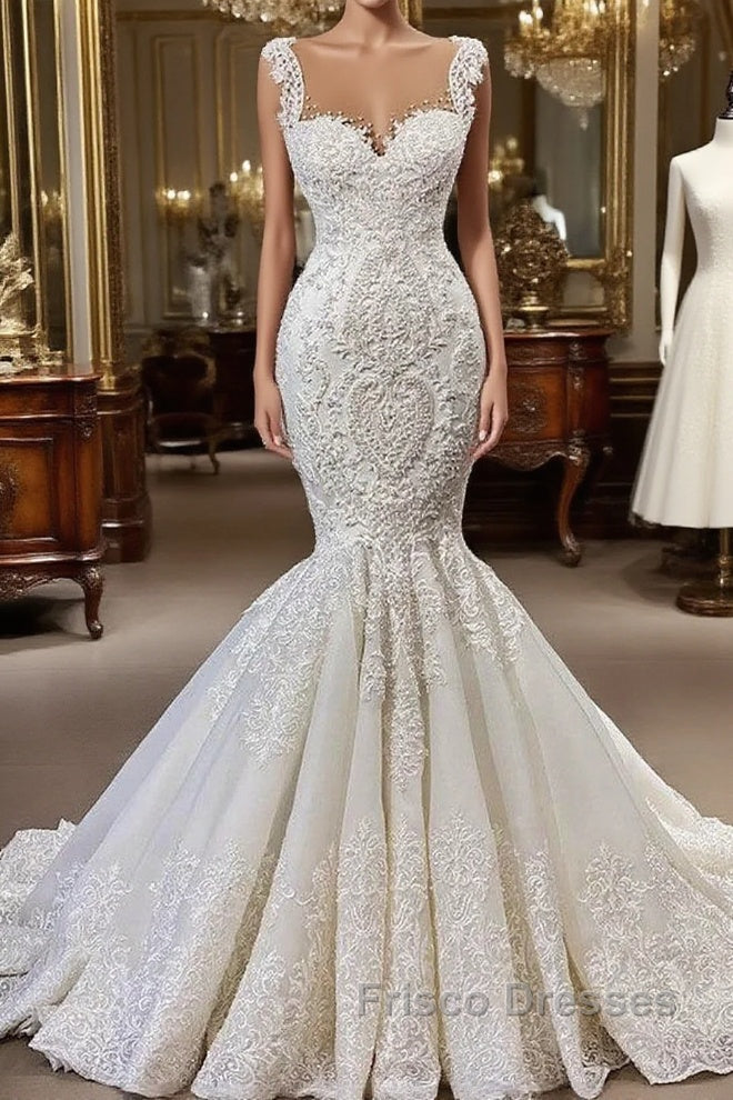 Elegant Ivory Long Mermaid Sweetheart Ruffles Lace Wedding Dress Main image