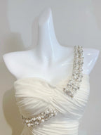 Elegant Ivory Mermaid One-Shoulder Neckline Pearl Rhinestone Satin Long Prom Dress Evening Dress Bridesmaid Dress