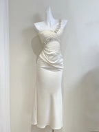 Elegant Ivory Mermaid One-Shoulder Neckline Pearl Rhinestone Satin Long Prom Dress Evening Dress Bridesmaid Dress