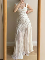 Elegant Ivory Pleated Satin Long Prom Dress Evening Dress