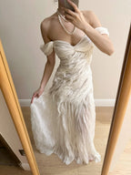 Elegant Ivory Pleated Satin Long Prom Dress Evening Dress