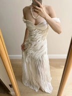 Elegant Ivory Pleated Satin Long Prom Dress Evening Dress