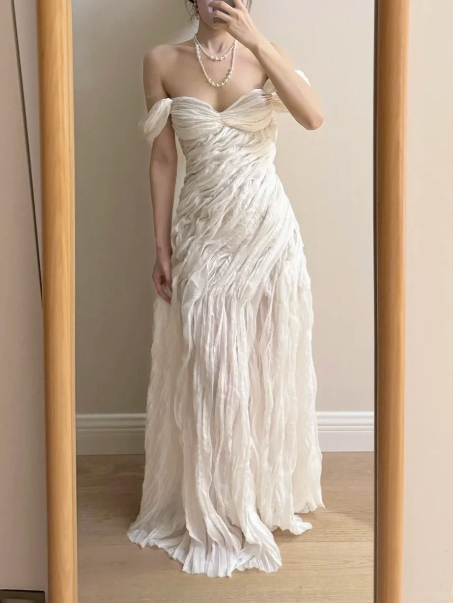 Elegant Ivory Pleated Satin Long Prom Dress Evening Dress