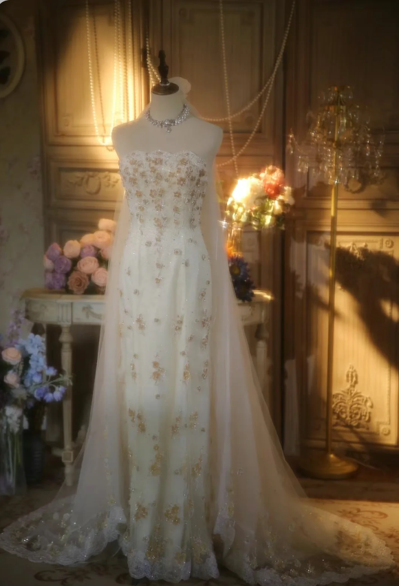 Elegant Ivory Strapless Beaded Floral Tulle Train Long Prom Dress Evening Dress Secondary image