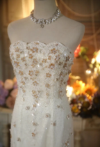 Elegant Ivory Strapless Beaded Floral Tulle Train Long Prom Dress Evening Dress