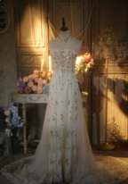 Elegant Ivory Strapless Beaded Floral Tulle Train Long Prom Dress Evening Dress