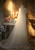 Elegant Ivory Strapless Beaded Floral Tulle Train Long Prom Dress Evening Dress