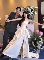 Elegant Ivory Strapless High-Slit Satin Train Prom Dress Evening Dress Wedding Dress