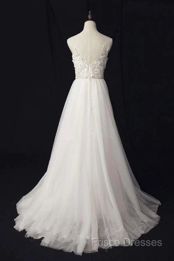 Elegant Ivory Tulle V-Neck A Line Floor Length Wedding Dress