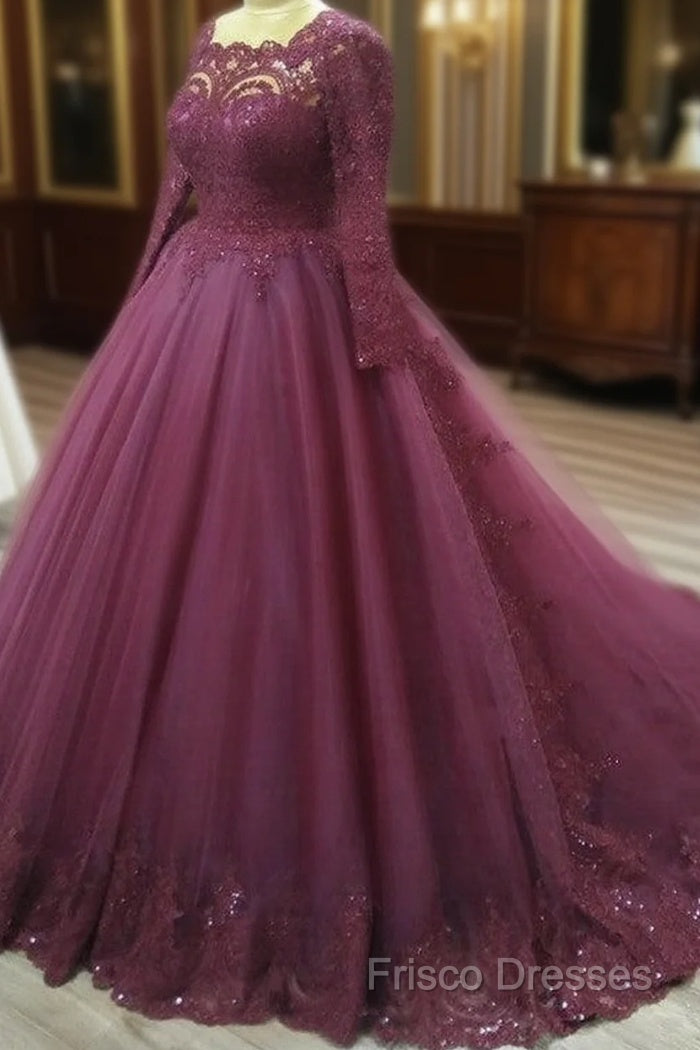 Elegant Lace Long Sleeves Formal Prom Ball Gown Dress