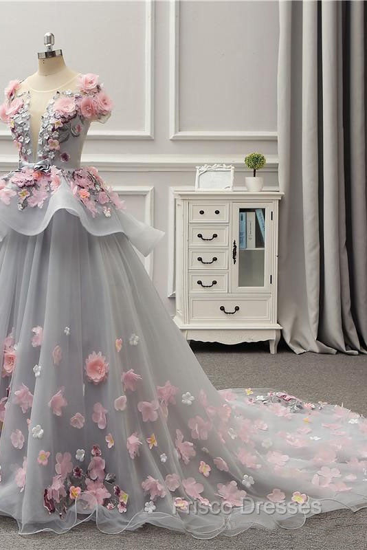 Elegant Lace-up Back Floral Appliques Grey Long Formal Prom Dress Secondary image