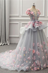 Elegant Lace-up Back Floral Appliques Grey Long Formal Prom Dress