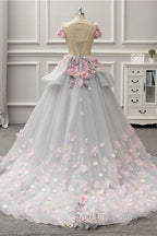 Elegant Lace-up Back Floral Appliques Grey Long Formal Prom Dress