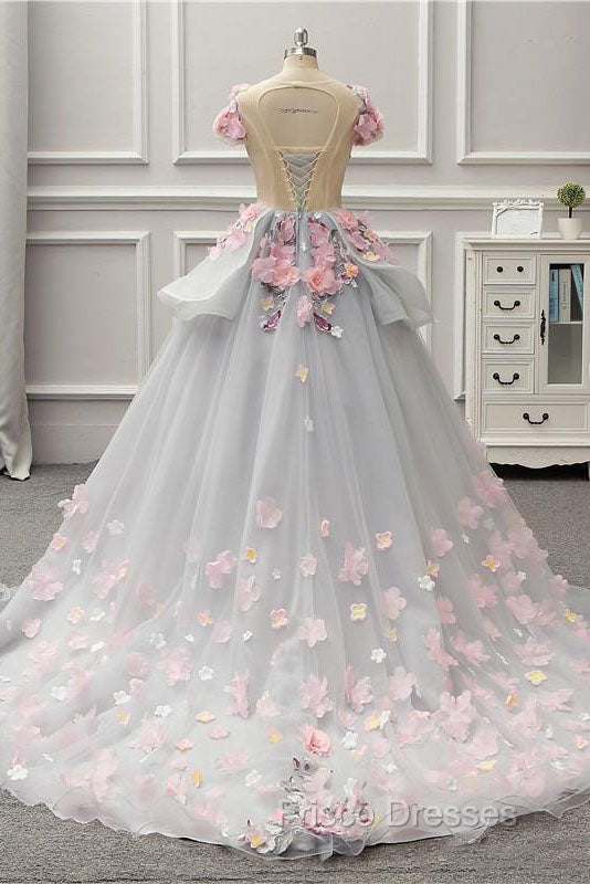 Elegant Lace-up Back Floral Appliques Grey Long Formal Prom Dress