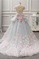 Elegant Lace-up Back Floral Appliques Grey Long Formal Prom Dress