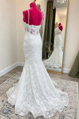 Elegant Lace White Wedding Dresses Long Mermaid Spaghetti Straps Bridal Wear