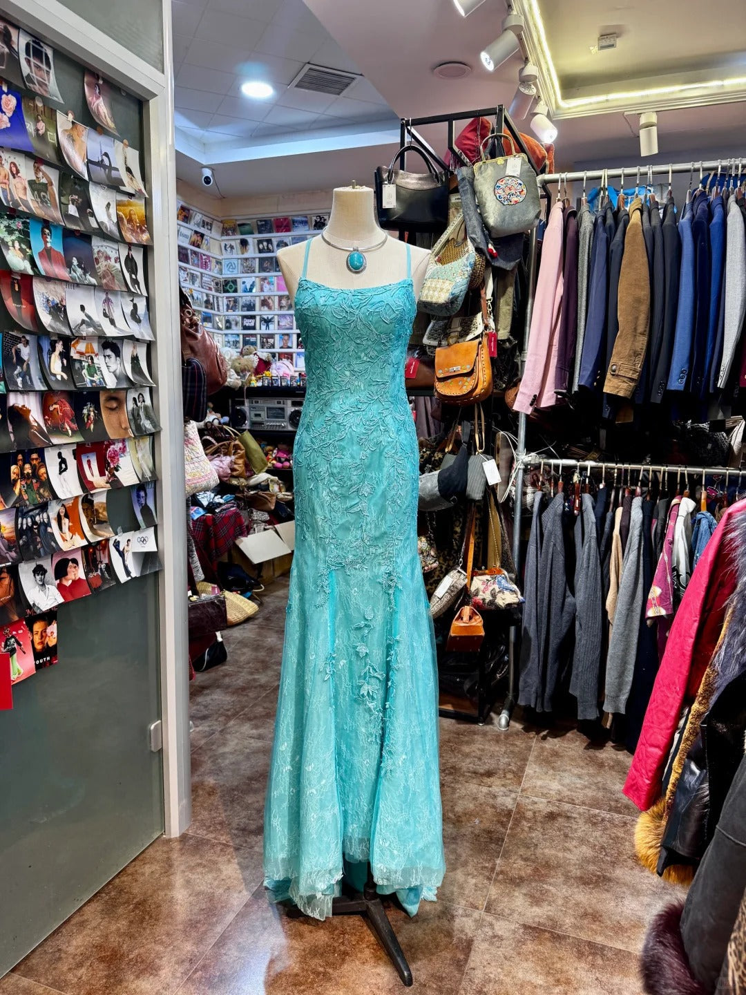 Elegant Lake Blue Mermaid Halter-Neck Lace Long Prom Dress Evening Dress Secondary image