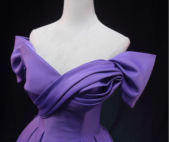 Elegant Lavender Off-The-Shoulder Ruffled Satin Long Prom Dress Evening Dress