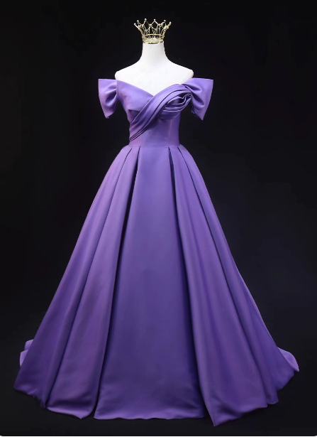 Elegant Lavender Off-The-Shoulder Ruffled Satin Long Prom Dress Evening Dress Main image