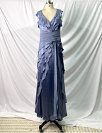 Elegant Layered Gradient Gray-Blue Slim-Fit V-Neck Ruffled Tiered Chiffon Long Prom Dress Evening Dress
